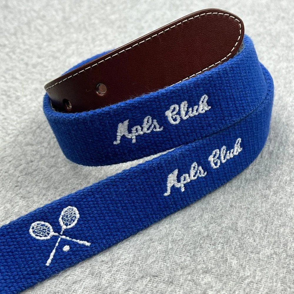 JT Spencer Belt Mens 36 Blue Needlepoint Tennis Rackets Mpls Club Leather USA